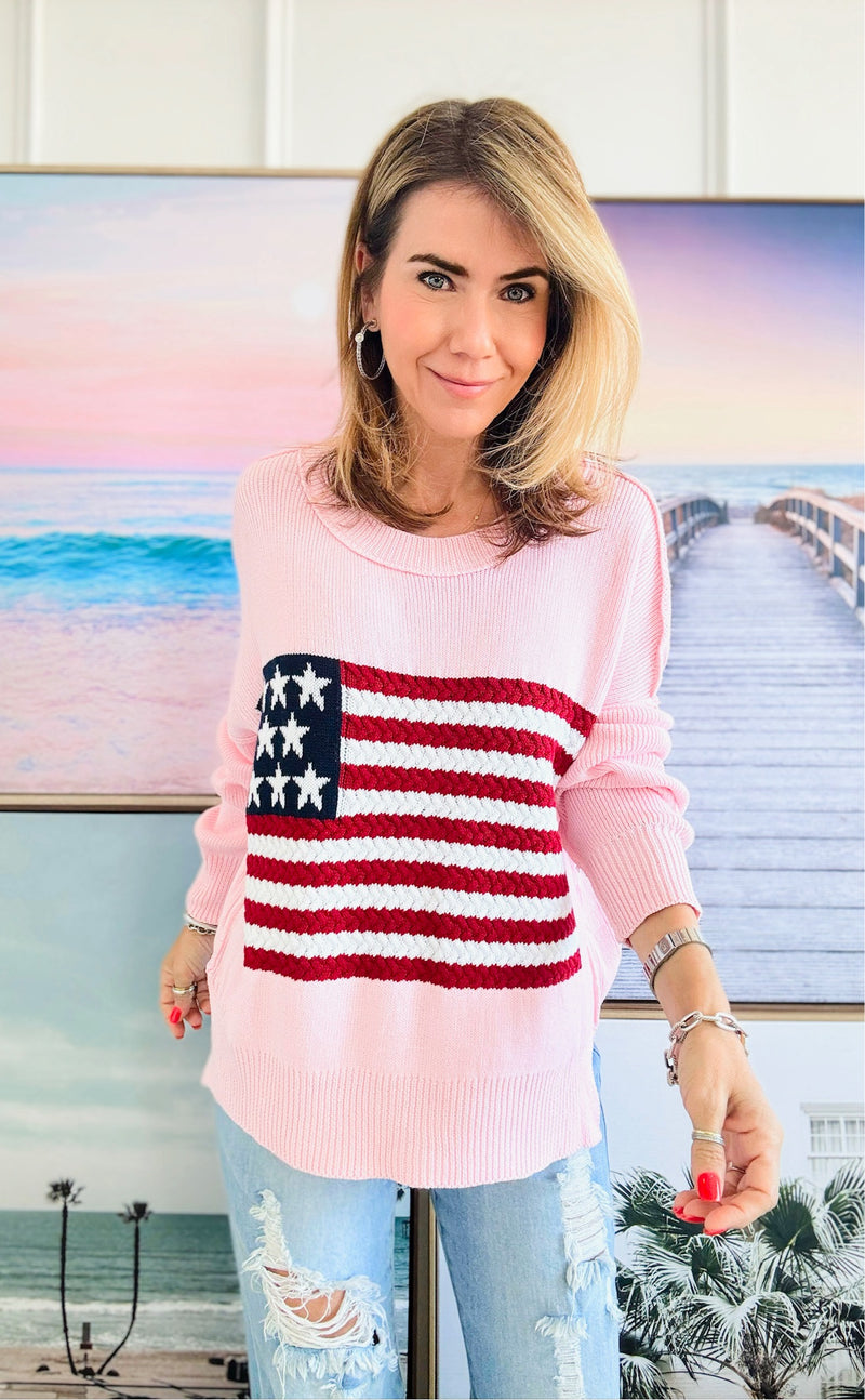 Flag Cable Knit Sweater Top - Blush-140 Sweaters-Miracle-Coastal Bloom Boutique, find the trendiest versions of the popular styles and looks Located in Indialantic, FL