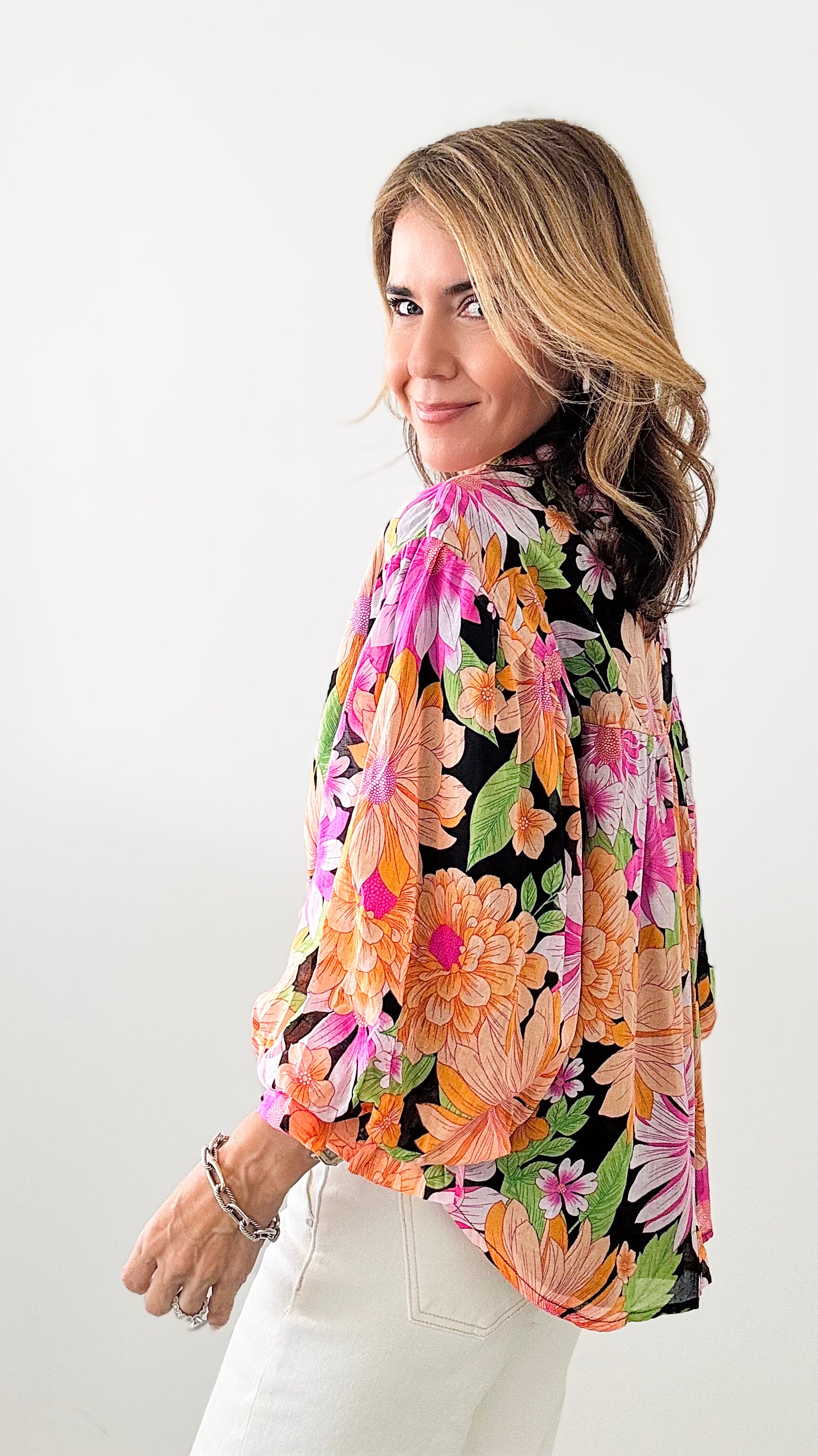 Floral Mix Print Bubble Sleeves Blouse-Black Multi-130 Long Sleeve Tops-Fate By LFD-Coastal Bloom Boutique, find the trendiest versions of the popular styles and looks Located in Indialantic, FL