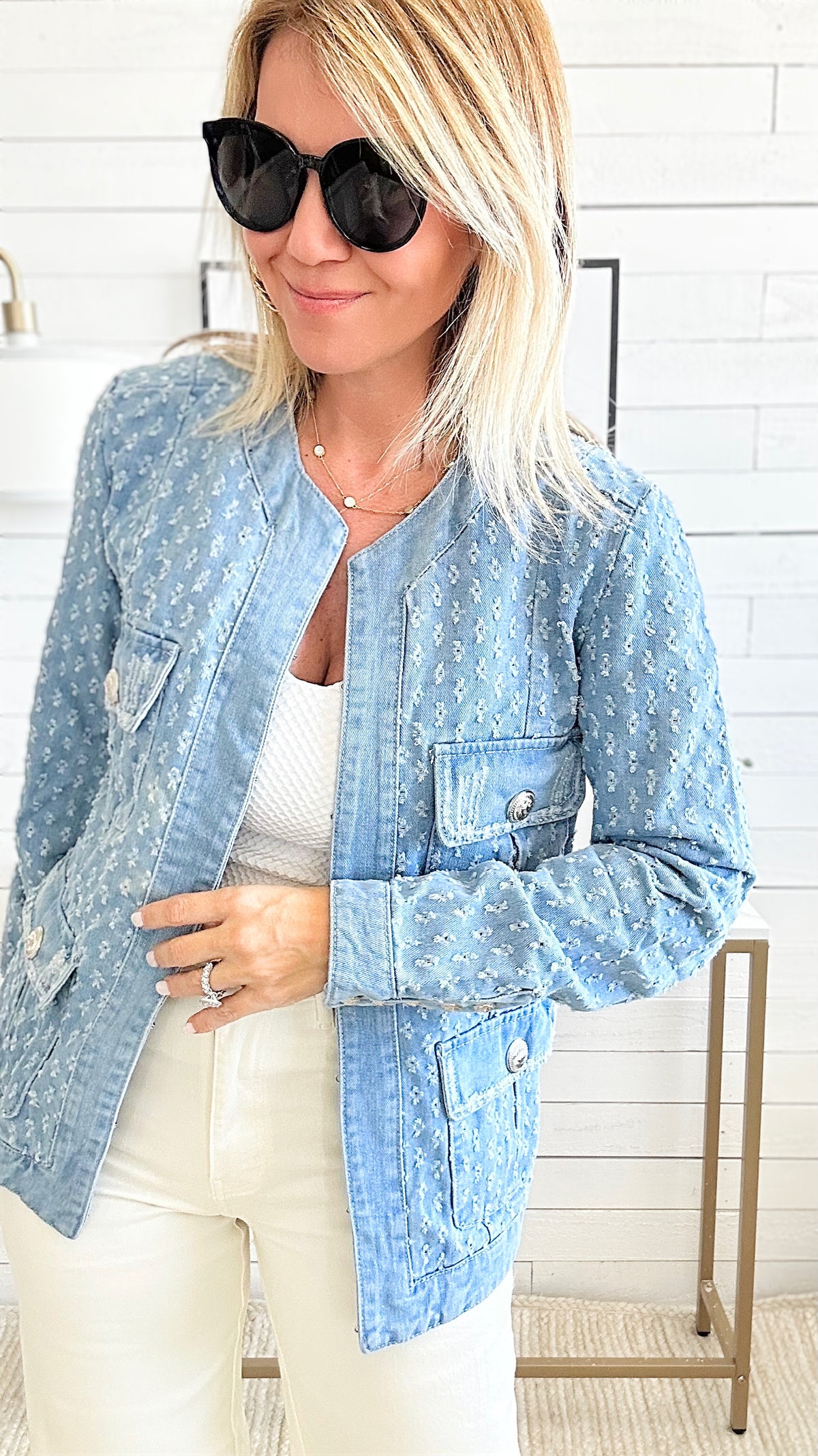 Crewneck Distressed Denim Belted Jacket-160 Jackets-SJ STYLE-Coastal Bloom Boutique, find the trendiest versions of the popular styles and looks Located in Indialantic, FL