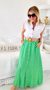 Belted Italian Linen Midi Button Skirt - Green-170 Bottoms-Germany-Coastal Bloom Boutique, find the trendiest versions of the popular styles and looks Located in Indialantic, FL