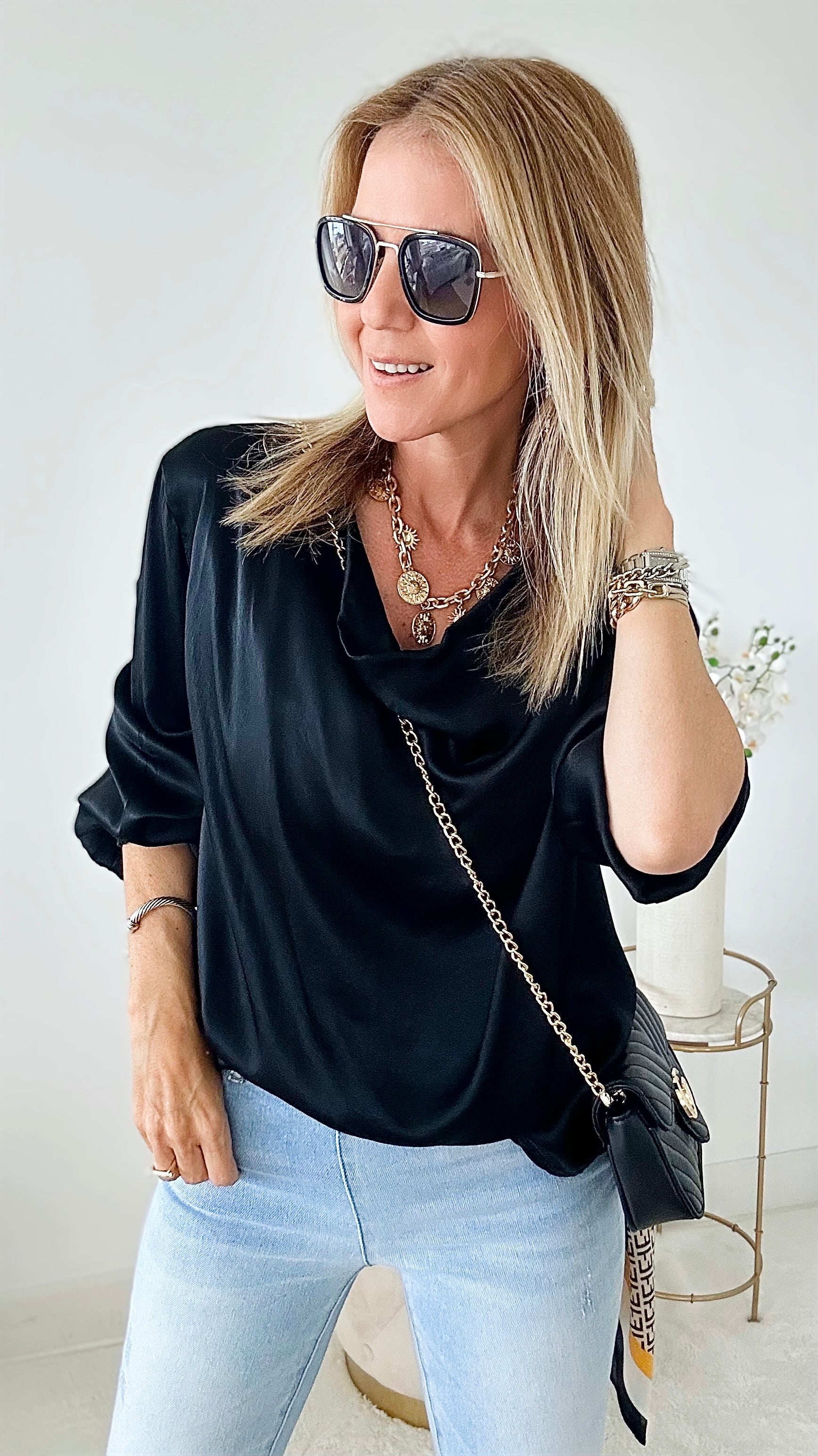 Long Sleeve Cowl Neck Italian Blouse - Black-130 Long Sleeve Tops-Germany-Coastal Bloom Boutique, find the trendiest versions of the popular styles and looks Located in Indialantic, FL