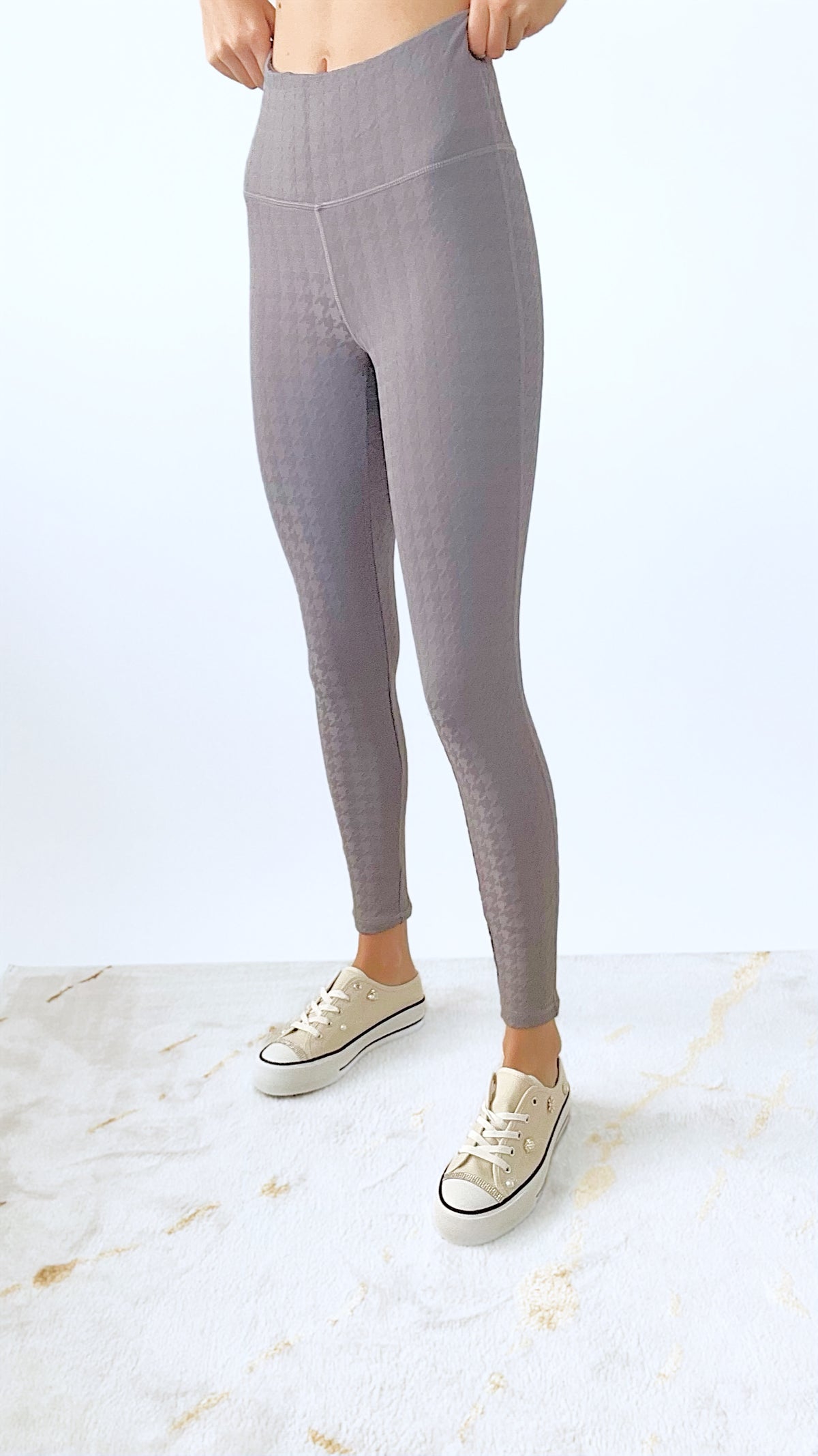 Textured Houndstooth Jacquard Highwaist Leggings - Plum Grey-170 Bottoms-Mono B-Coastal Bloom Boutique, find the trendiest versions of the popular styles and looks Located in Indialantic, FL