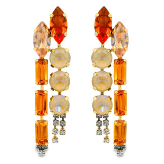 Pair of earrings with orange and yellow gemstones on a white background