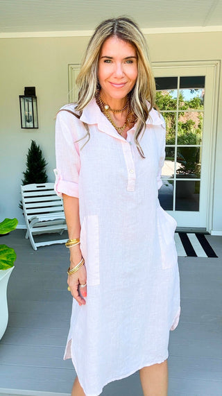 Island Relaxed Linen Italian Pocket Midi Dress- Light Pink