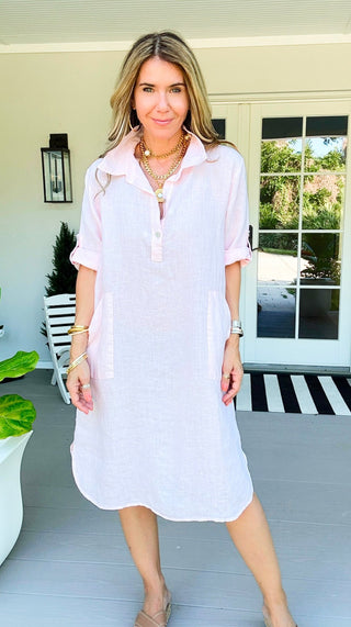 Island Relaxed Linen Italian Pocket Midi Dress- Light Pink