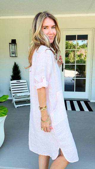 Island Relaxed Linen Italian Pocket Midi Dress- Light Pink
