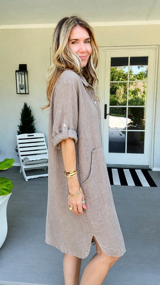 Island Relaxed Linen Italian Pocket Midi Dress- Taupe