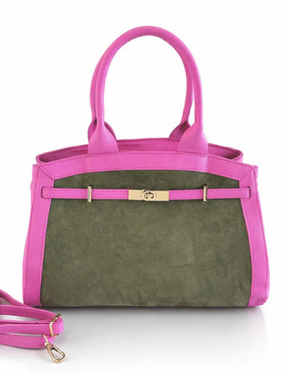 Italian Blair Suede & Leather Satchel- Pink/Olive