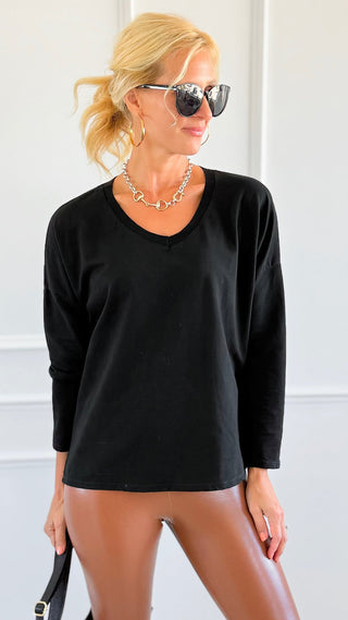 Italian French Terry V-Neck Top-Black-110 Long Sleeve Tops-FATTURA ACCOMPAGNATORIA-Coastal Bloom Boutique, find the trendiest versions of the popular styles and looks Located in Indialantic, FL