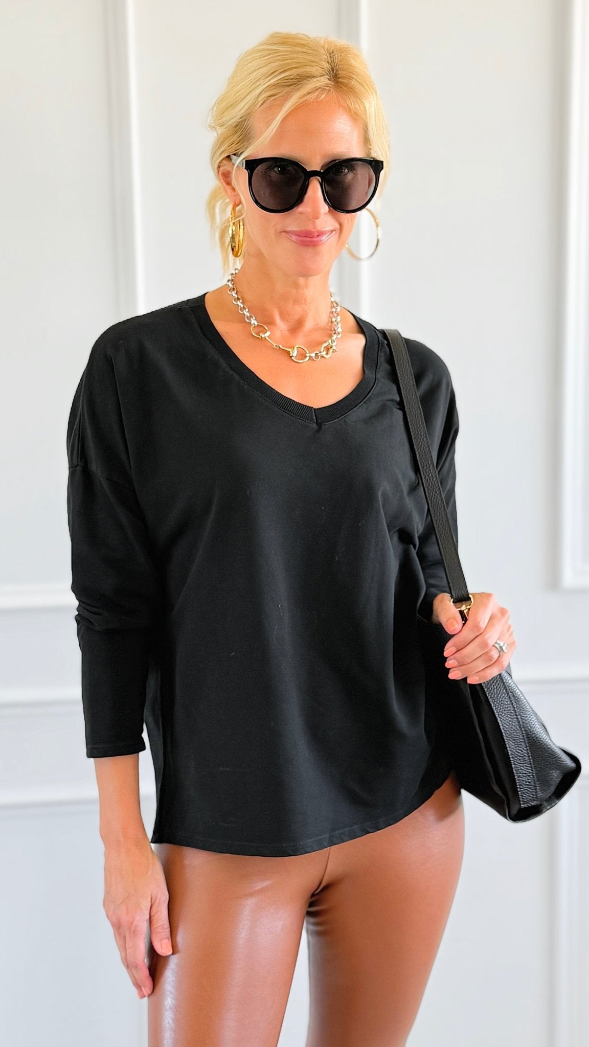 Italian French Terry V-Neck Top-Black-110 Long Sleeve Tops-FATTURA ACCOMPAGNATORIA-Coastal Bloom Boutique, find the trendiest versions of the popular styles and looks Located in Indialantic, FL