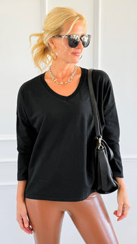 Italian French Terry V-Neck Top-Black-110 Long Sleeve Tops-FATTURA ACCOMPAGNATORIA-Coastal Bloom Boutique, find the trendiest versions of the popular styles and looks Located in Indialantic, FL