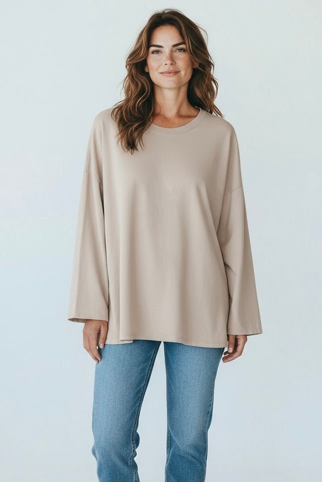 Italian French Terry Wide Crew Top-Beige-110 Long Sleeve Tops-FATTURA ACCOMPAGNATORIA-Coastal Bloom Boutique, find the trendiest versions of the popular styles and looks Located in Indialantic, FL