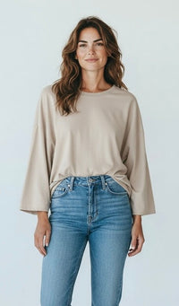 Italian French Terry Wide Crew Top-Beige-110 Long Sleeve Tops-FATTURA ACCOMPAGNATORIA-Coastal Bloom Boutique, find the trendiest versions of the popular styles and looks Located in Indialantic, FL