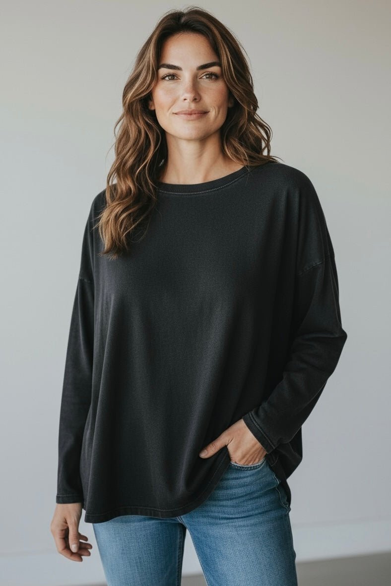 Italian French Terry Wide Crew Top-Black-110 Long Sleeve Tops-FATTURA ACCOMPAGNATORIA-Coastal Bloom Boutique, find the trendiest versions of the popular styles and looks Located in Indialantic, FL