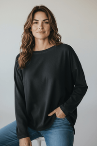 Italian French Terry Wide Crew Top-Black-110 Long Sleeve Tops-FATTURA ACCOMPAGNATORIA-Coastal Bloom Boutique, find the trendiest versions of the popular styles and looks Located in Indialantic, FL