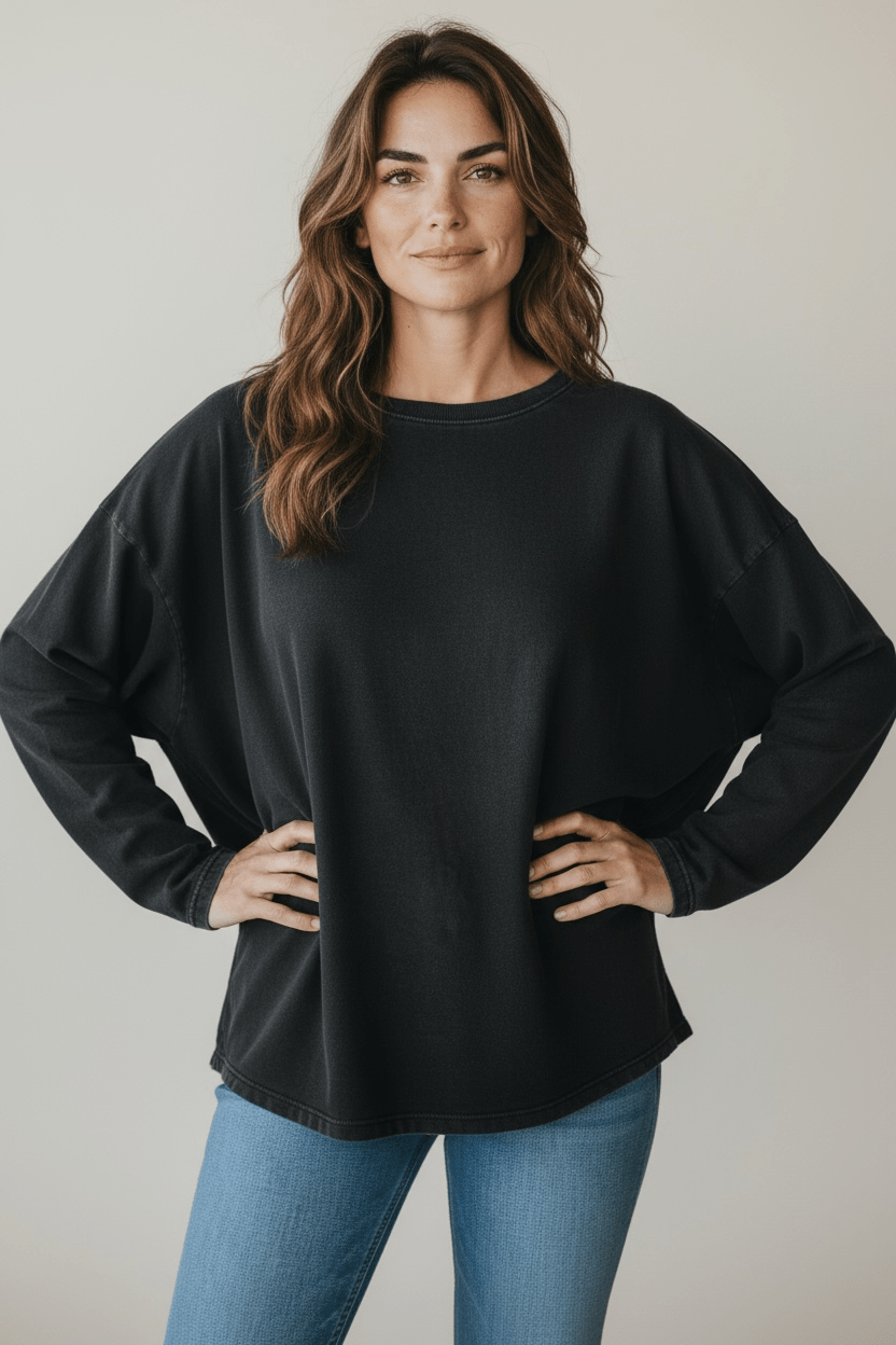 Italian French Terry Wide Crew Top-Black-110 Long Sleeve Tops-FATTURA ACCOMPAGNATORIA-Coastal Bloom Boutique, find the trendiest versions of the popular styles and looks Located in Indialantic, FL