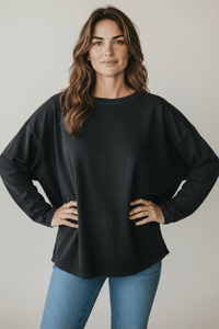 Italian French Terry Wide Crew Top-Black-110 Long Sleeve Tops-FATTURA ACCOMPAGNATORIA-Coastal Bloom Boutique, find the trendiest versions of the popular styles and looks Located in Indialantic, FL