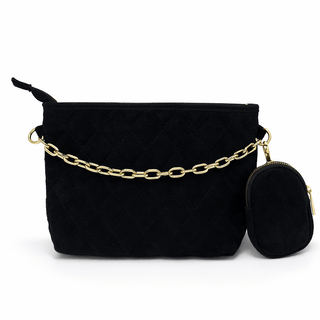 Italian Genuine Marietta Quilted Suede Handbag - Black