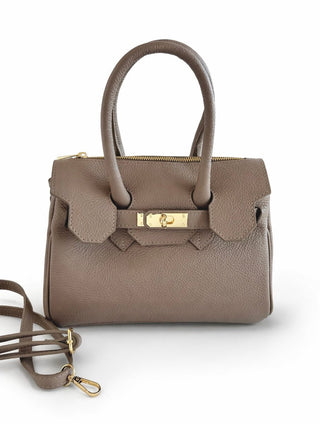 Italian Mini Classic Lock Leather Satchel Bag- Taupe