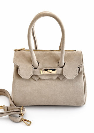 Italian Mini Classic Lock Suede Satchel Bag- Ecru