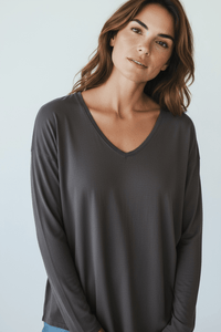Italian V-Neck Jersey Top-Brown-110 Long Sleeve Tops-FATTURA ACCOMPAGNATORIA-Coastal Bloom Boutique, find the trendiest versions of the popular styles and looks Located in Indialantic, FL