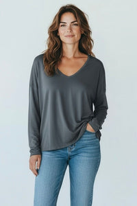 Italian V-Neck Jersey Top-Dk Grey-110 Long Sleeve Tops-FATTURA ACCOMPAGNATORIA-Coastal Bloom Boutique, find the trendiest versions of the popular styles and looks Located in Indialantic, FL