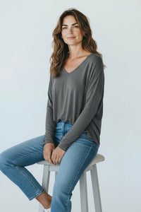 Italian V-Neck Jersey Top-Dk Grey-110 Long Sleeve Tops-FATTURA ACCOMPAGNATORIA-Coastal Bloom Boutique, find the trendiest versions of the popular styles and looks Located in Indialantic, FL