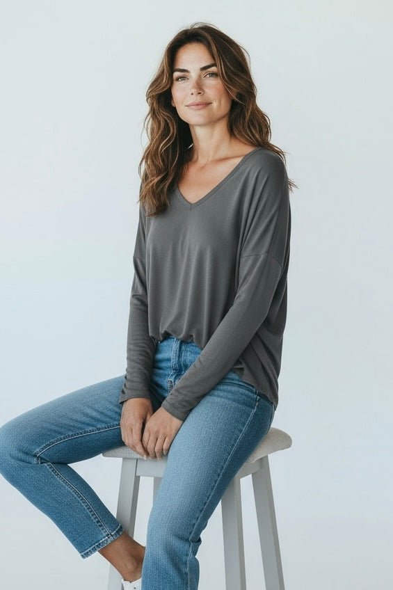 Italian V-Neck Jersey Top-Dk Grey-110 Long Sleeve Tops-FATTURA ACCOMPAGNATORIA-Coastal Bloom Boutique, find the trendiest versions of the popular styles and looks Located in Indialantic, FL