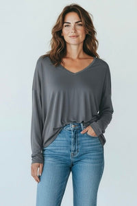 Italian V-Neck Jersey Top-Dk Grey-110 Long Sleeve Tops-FATTURA ACCOMPAGNATORIA-Coastal Bloom Boutique, find the trendiest versions of the popular styles and looks Located in Indialantic, FL