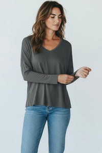 Italian V-Neck Jersey Top-Dk Grey-110 Long Sleeve Tops-FATTURA ACCOMPAGNATORIA-Coastal Bloom Boutique, find the trendiest versions of the popular styles and looks Located in Indialantic, FL