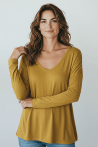 Italian V-Neck Jersey Top-Mustard-110 Long Sleeve Tops-FATTURA ACCOMPAGNATORIA-Coastal Bloom Boutique, find the trendiest versions of the popular styles and looks Located in Indialantic, FL