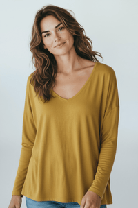 Italian V-Neck Jersey Top-Mustard-110 Long Sleeve Tops-FATTURA ACCOMPAGNATORIA-Coastal Bloom Boutique, find the trendiest versions of the popular styles and looks Located in Indialantic, FL