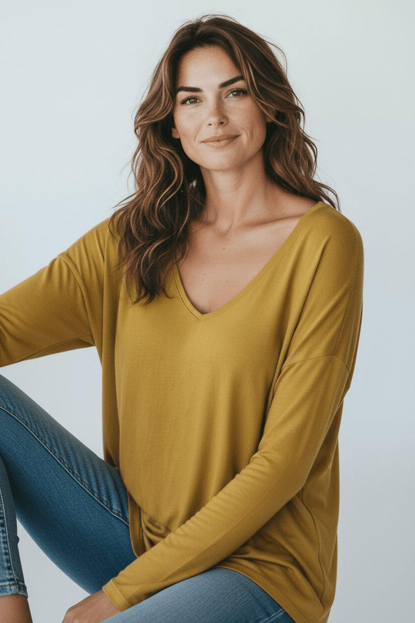 Italian V-Neck Jersey Top-Mustard-110 Long Sleeve Tops-FATTURA ACCOMPAGNATORIA-Coastal Bloom Boutique, find the trendiest versions of the popular styles and looks Located in Indialantic, FL