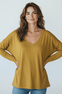 Italian V-Neck Jersey Top-Mustard-110 Long Sleeve Tops-FATTURA ACCOMPAGNATORIA-Coastal Bloom Boutique, find the trendiest versions of the popular styles and looks Located in Indialantic, FL