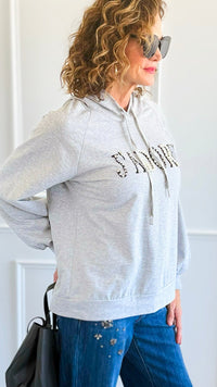 J'Adore Sparkle Italian Hoodie- Grey-140 Sweaters-CRIS S.R.L.-Coastal Bloom Boutique, find the trendiest versions of the popular styles and looks Located in Indialantic, FL