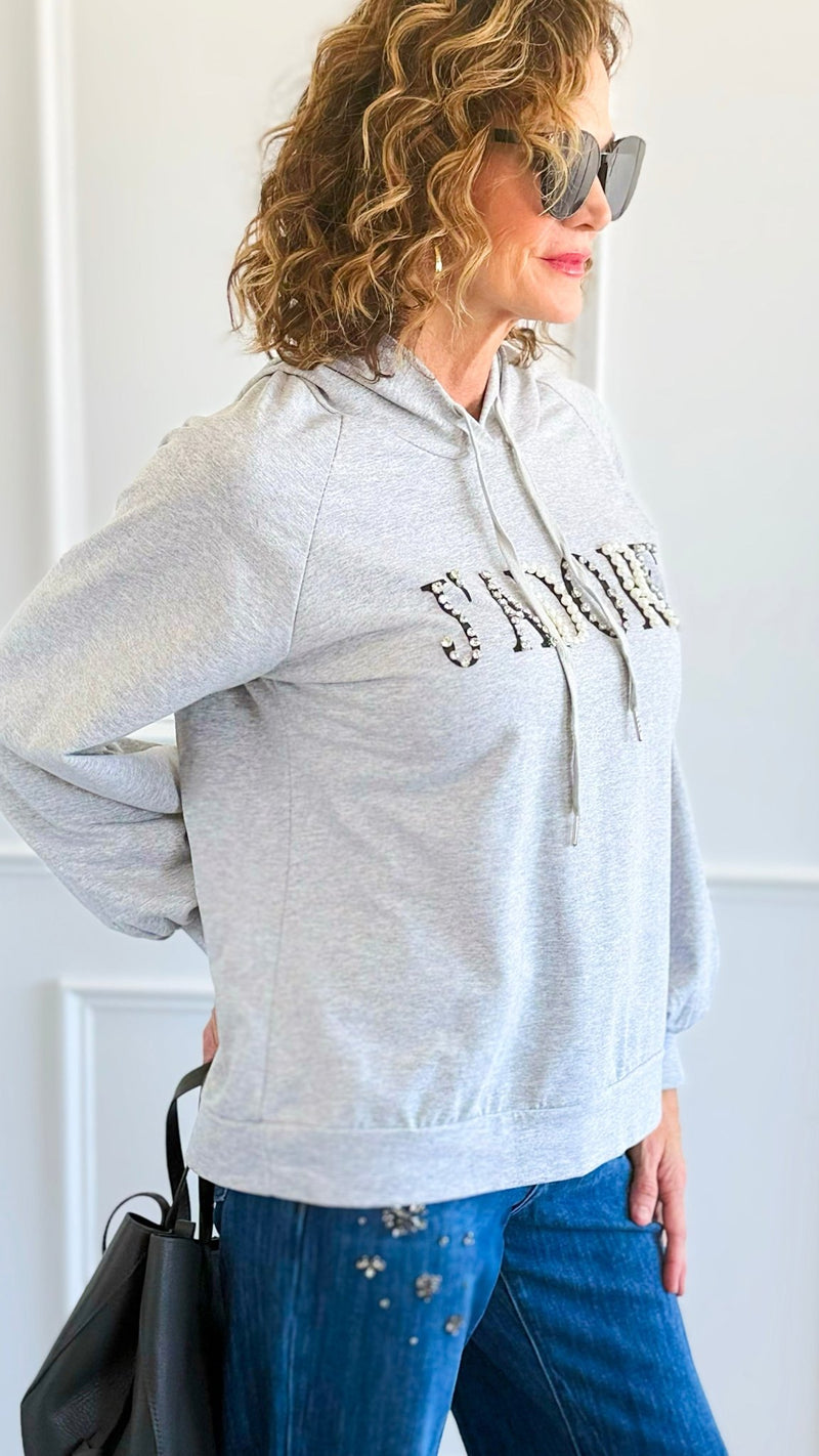 J'Adore Sparkle Italian Hoodie- Grey-140 Sweaters-CRIS S.R.L.-Coastal Bloom Boutique, find the trendiest versions of the popular styles and looks Located in Indialantic, FL