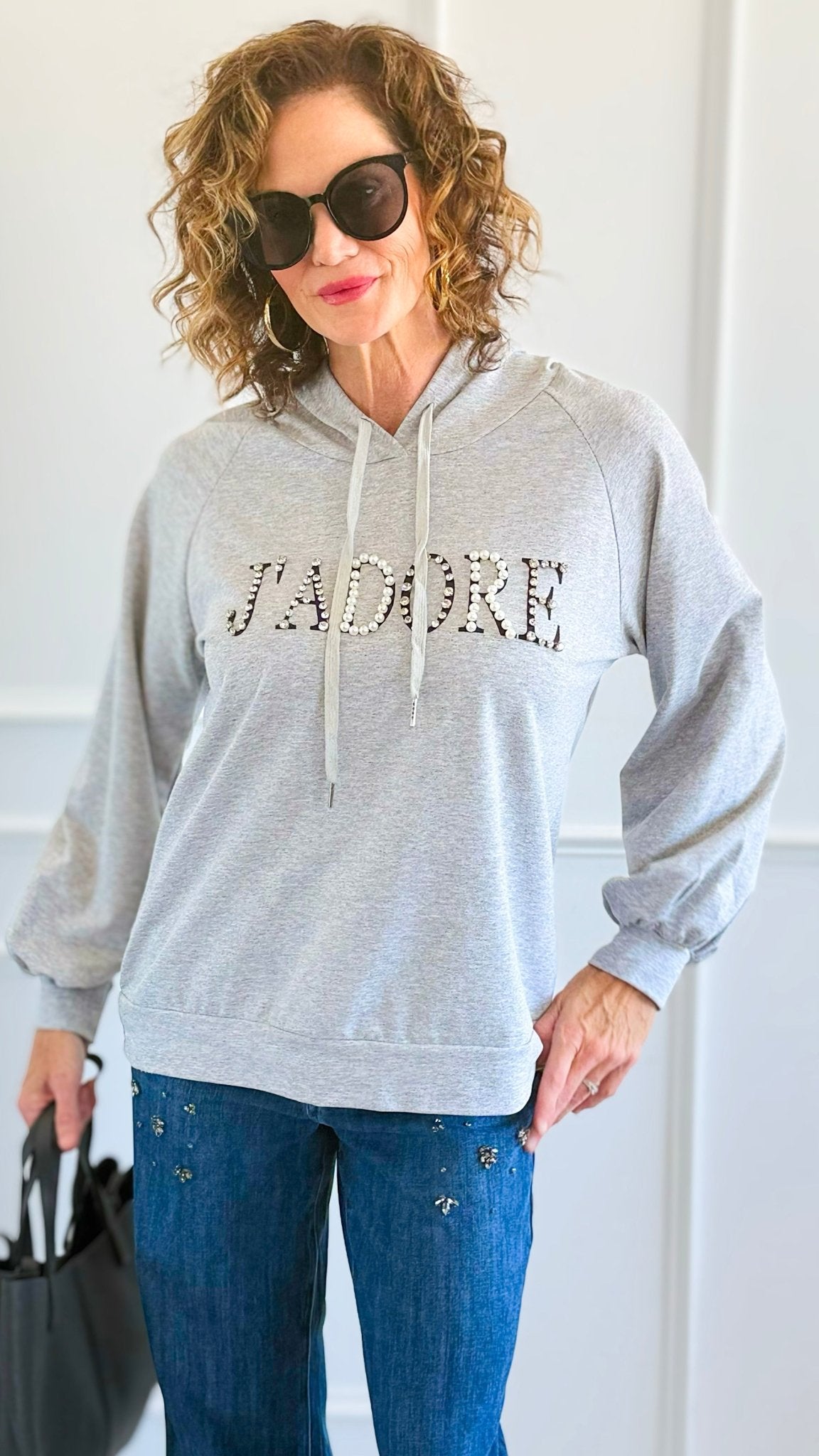 J'Adore Sparkle Italian Hoodie- Grey-140 Sweaters-CRIS S.R.L.-Coastal Bloom Boutique, find the trendiest versions of the popular styles and looks Located in Indialantic, FL