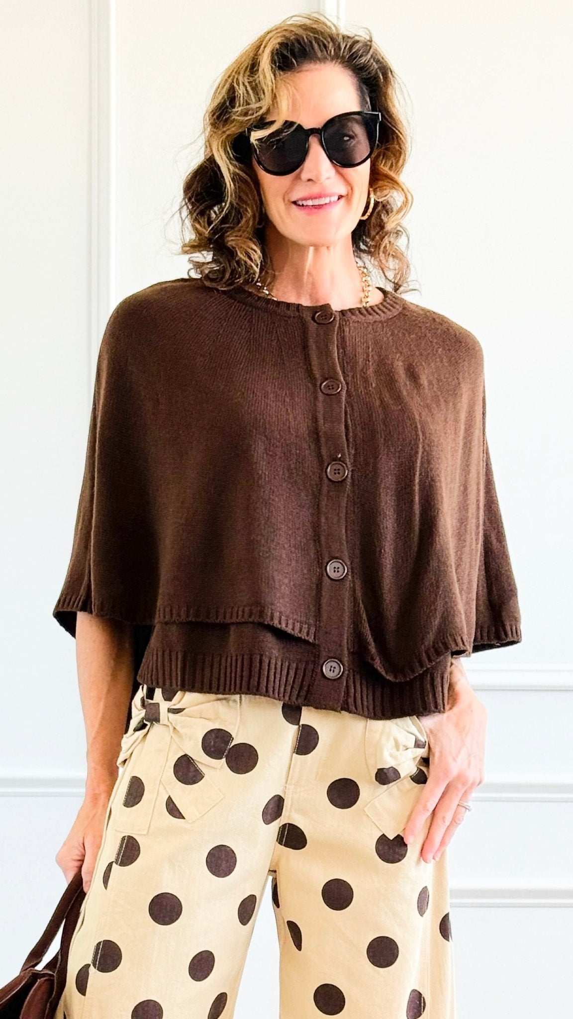 Knit Button Front Cape Poncho - Brown-150 Cardigans/Layers-NYW-Coastal Bloom Boutique, find the trendiest versions of the popular styles and looks Located in Indialantic, FL