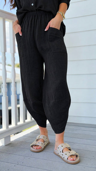 La Spezia Barrel Linen Italian Pant- Black