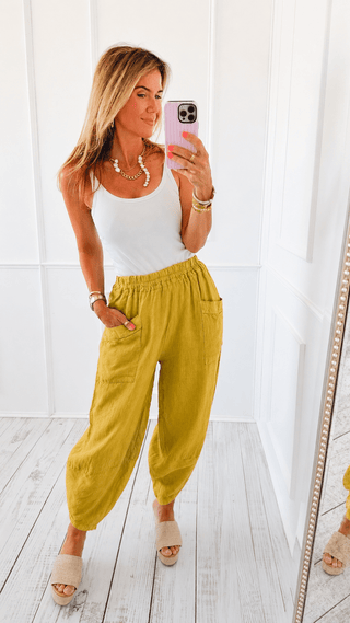 La Spezia Barrel Linen Italian Pant- Mustard