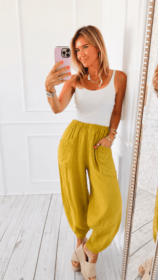 La Spezia Barrel Linen Italian Pant- Mustard