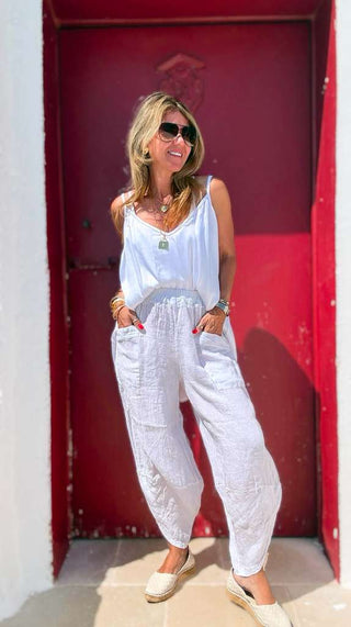 La Spezia Barrel Linen Italian Pant- White