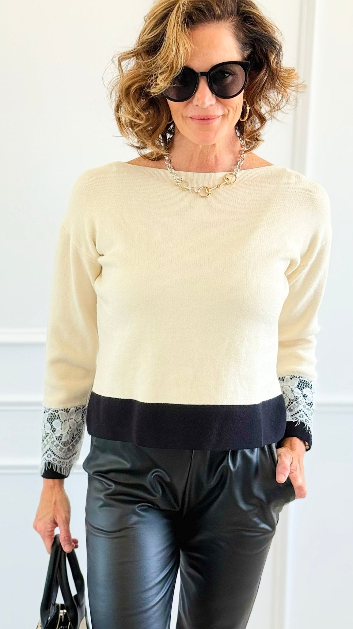 Lace Cuff Contrast Sweater-140 Sweaters-Z STUDIO-Coastal Bloom Boutique, find the trendiest versions of the popular styles and looks Located in Indialantic, FL