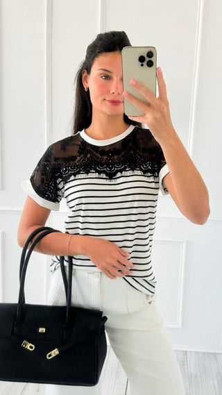 Lace Stripe Top - Black