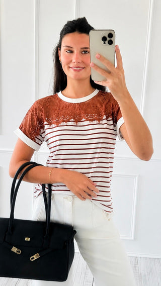 Lace Stripe Top - Coffee