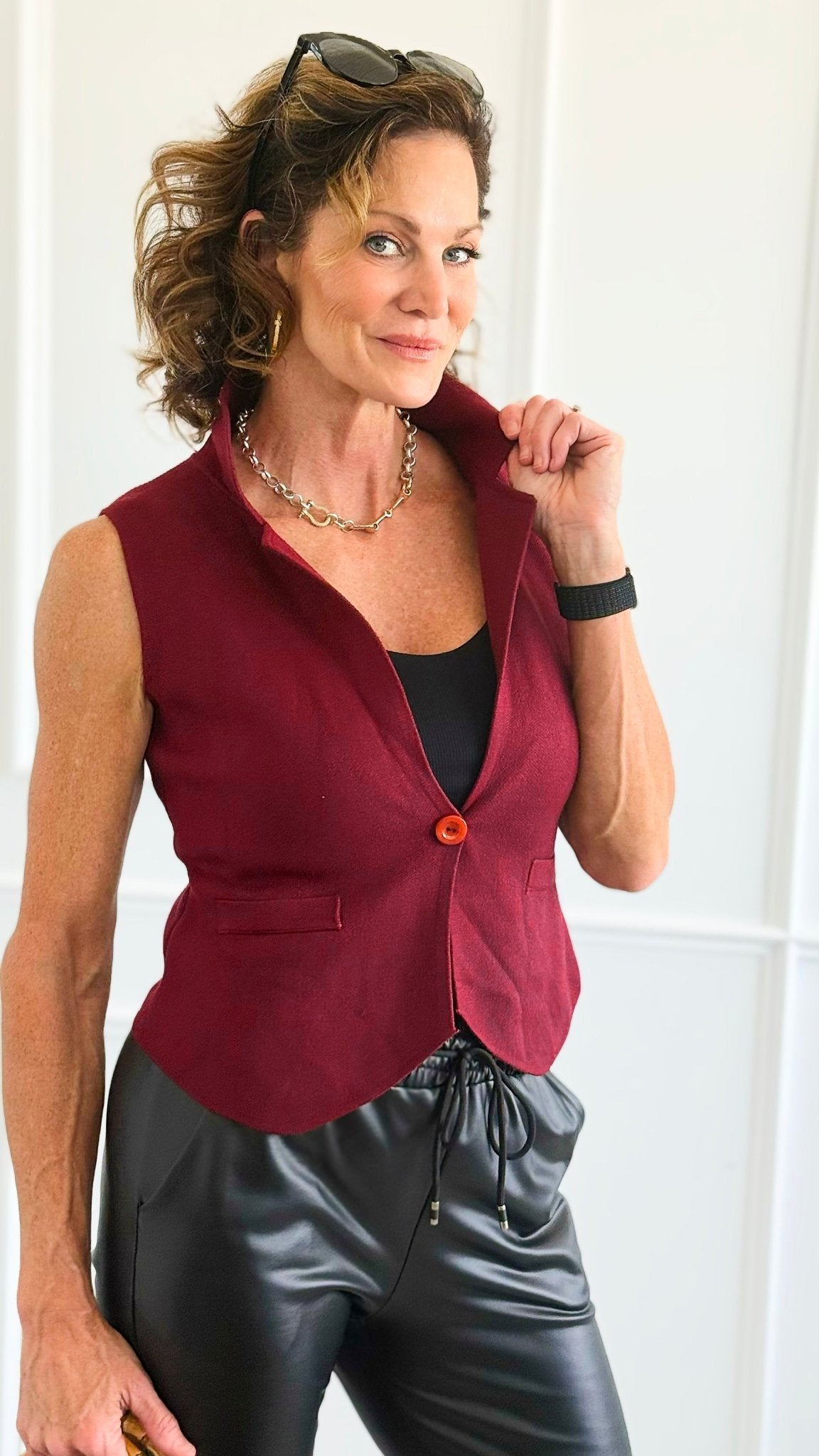 Lapel Luxe Sweater Vest-Wine-100 Sleeveless Tops-Z STUDIO-Coastal Bloom Boutique, find the trendiest versions of the popular styles and looks Located in Indialantic, FL