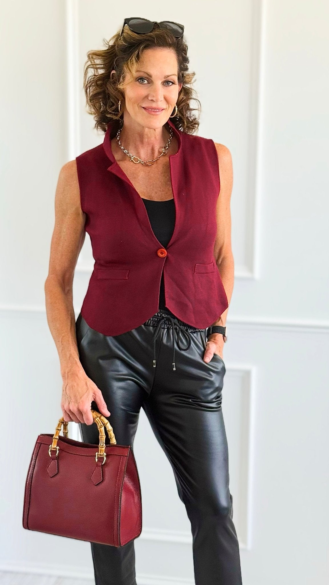 Lapel Luxe Sweater Vest-Wine-100 Sleeveless Tops-Z STUDIO-Coastal Bloom Boutique, find the trendiest versions of the popular styles and looks Located in Indialantic, FL