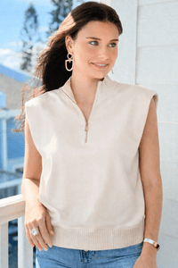 Latte Zip Neck Knit Top - Almond