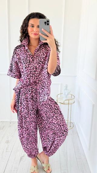 Leopard Chic Side Stripe Italian Button Down Top