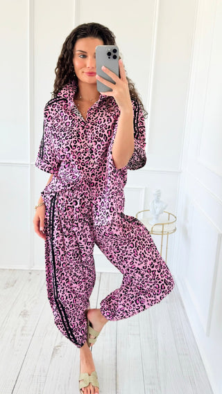 Leopard Chic Side Stripe Italian Button Down Top